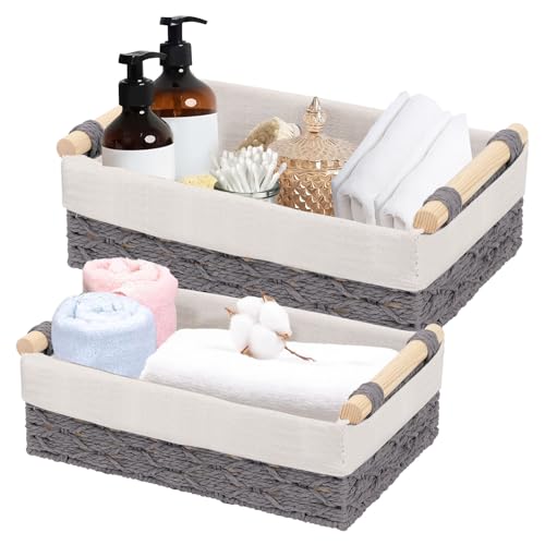 2 Pcs Wicker Baskets for Organizing, Wicker Storage Basket Toilet Paper Basket Decorative Bins with Handle for Bedroom Living Room Apartment (Gray)