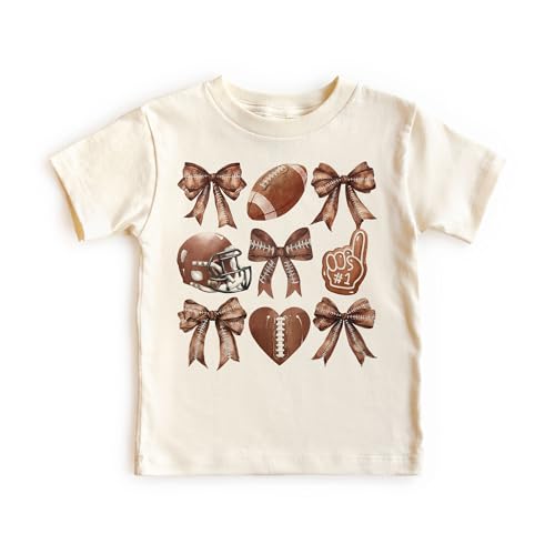 Girls Football Shirt with Coquette Bows - Cute Kids Football Tee - Game Day Football Season Top - Cutesy Soft Girl Football T-Shirt - Natural Toddler, Youth Clothing