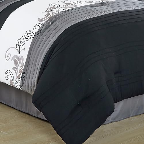 Chezmoi Collection Napa 7-Piece Luxury Leaves Scroll Embroidery Bedding Comforter Set (Full, Black/Gray/White)