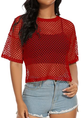 Fishnet Mesh Top for Women Sheer Crew Neck Tshirts Net Blouse for Club Party(Red,L)