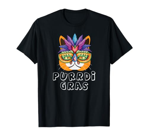 Funny Mardi Gras Cat Purrdie Cat Wearing Mask Joke Humor Pun T-Shirt