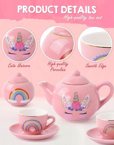 Porcelain Unicorn Tea Party Set for Little Girls Kids Toddlers, 13Pcs Ceramic Tea Set - Tea Pot Cups & Saucers & Carrying Case, Pretend Play Toys - Christmas Birthday Gift for Girls (Pink) - Image 6