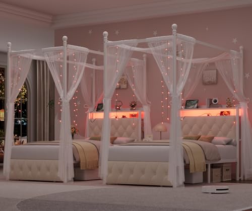 HIFIT Set of 2 Kids Twin Upholstered LED Canopy Bed Frame with Charging Station & Storage Drawer, Button Tufted Storage Headboard w/Bookshelf, Two-Use Girls Platform Bed frame w/4 Removable Post,Beige