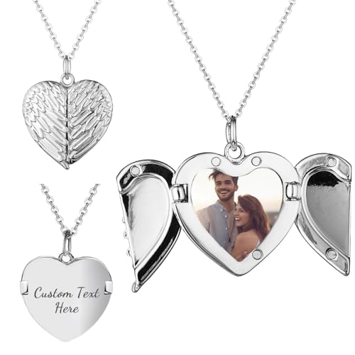 AAQ Personalised Photo Locket Necklace - Custom Text Photo Engraved Necklace, Engraving Jewellery Gifts for Women Family Lovers (Wings Style 2)