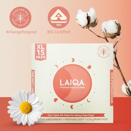 Image of LAIQA Sanitary Pads For Women XL - 15 Pads With 15 Disposable Bags & 3 Panty Liners | Cotton Soft Rash-Free Comfort | Double-Wing Leak Protection | Toxin-Free & BIS Certified