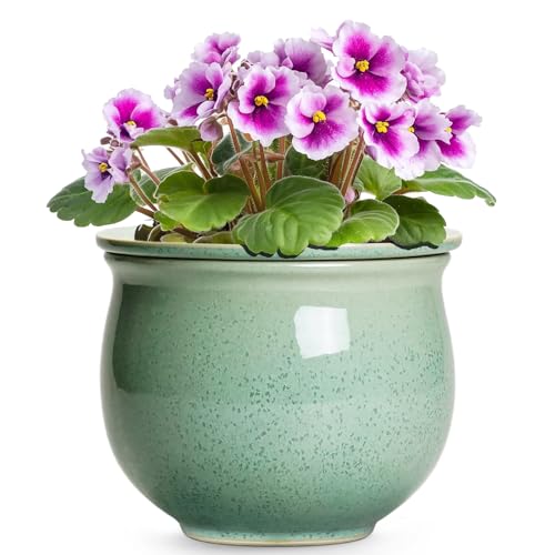Teagas Ceramic Self Watering Pots 6 Inch African Violet Pots with Absorbent Inner Pot Round Self Watering Planter for Indoor Plants Ceramic Pot for Plants House Decor Gifts for Women Men Green