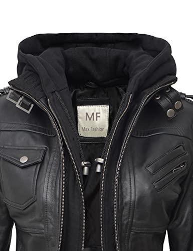 Motorcycle Jackets Brando Motorcycle Everyday Women Biker Genuine Leather Hoodie Jacket With Detachable Hood (Medium) Black #TOP3