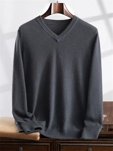 Men's V-Neck Solid Long Sleeves Elastic Cashmere Sweater Casual Loose Business Knitted Pullover2