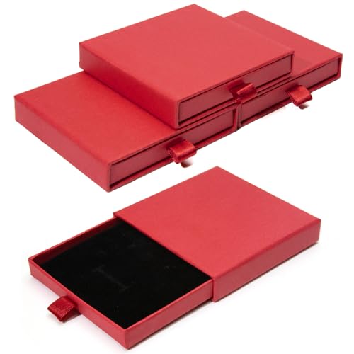 4 Pcs Jewelry Gift Box, 3.5×3.5x0.7Inch Cardboard Jewelry Boxes, Fancy Necklace Bracelet Earring Drawer Organizer Box, Kraft Empty Jewellery Boxes for Necklace Ring Earring Display Box (Red)