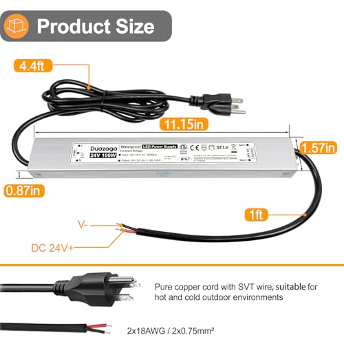 Image of 100W LED Driver 24V Power Supply 8.3A 24VDC Low Voltage Transformer | IP67 Waterproof, ETL Listed, 110V 120V AC to 24 Volt DC Converter, Plug with 4.4ft Cord for Outdoor LED Lights and Sign
