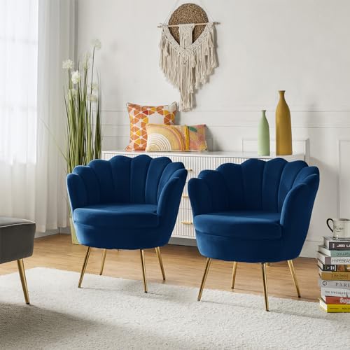 Image of HULALA HOME Modern Velvet Accent Chairs Set of 2 with Shell Shaped Back, Cute Living Room Bedroom Armchairs Sofa Chairs with Gold Legs, Comfy Upholstered Vanity Chairs for Makeup Room, Navy