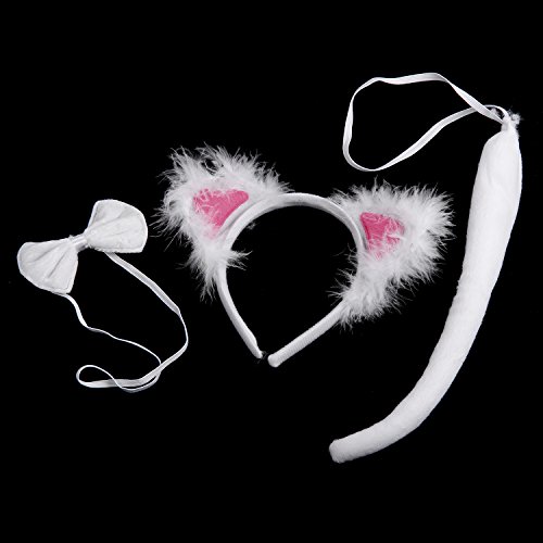 LUX ACCESSORIES White Colored Cat Pink Ears Ribbonbow Tail Costume Dressup - Thumbnail 2