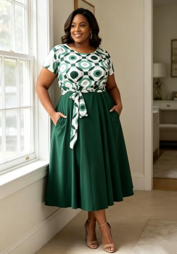 Image of Hostoyo Women Plus Size Formal A Line Maxi Dress Self Tie Waist with Pockets Elegant Round Neck Swing Long Dresses