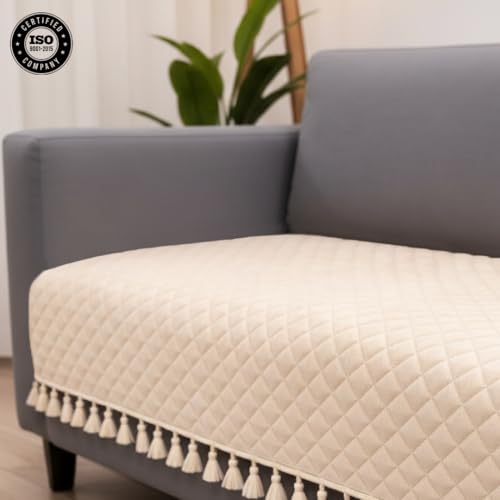 Image of HOMEMONDE 1 Seater Quilted Velvet Sofa Cover with Tassels |Soft, Durable & Premium Fabric with Tassels | Sofa Cover Mats for Living Room, Bedroom, or Drawing Room (76 X 61 CM, Beige)