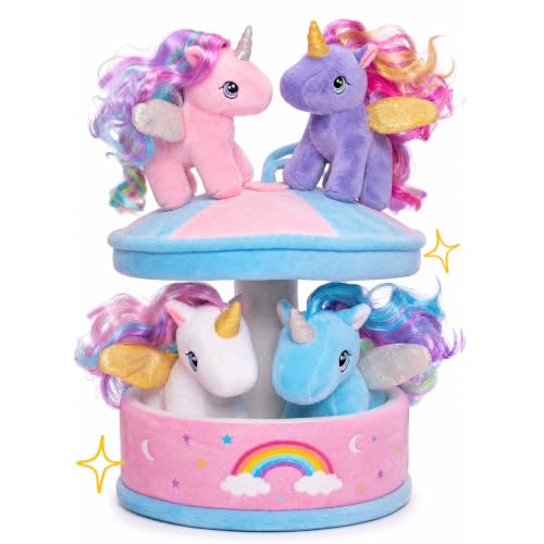 Image of OUOZZZ Unicorn Toys for Girls Stuffed Animals 4 Mini Plushies Playset | Carousel House with Handle, Gift-Ready, Travel- Friendly