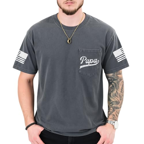 Papa Shirt Papa Pocket with Flag on Sleeve T-Shirt Dad Shirts Gift for Dad Grandpa Birthday Fathers Day Thanksgiving Christmas Dark Heather XL