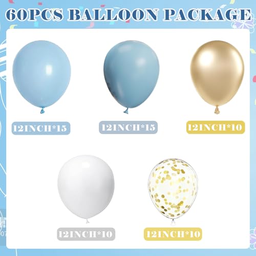 Image of 12 Inch 60pcs Dusty Blue Balloons White Sand Metallic Gold Confetti Party Balloons Light Baby Blue White Gold Latex Balloon for Boy Baby Shower Birthday Wedding Party Decoration