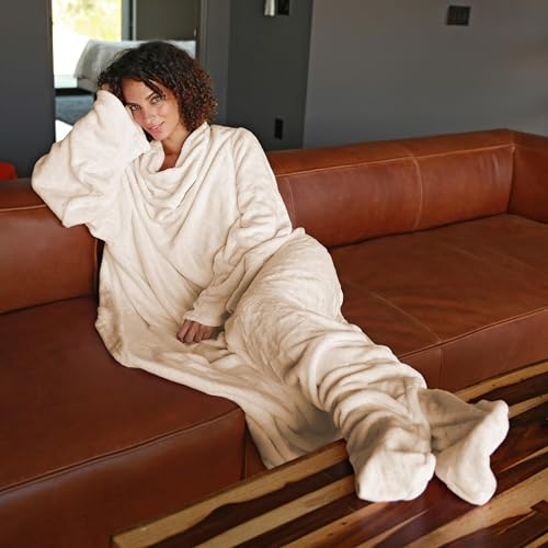 Catalonia Wearable Fleece Blanket with Sleeves and Foot Pockets for Adult Women Men, Micro Plush Comfy Wrap Sleeved Throw Blanket Robe Large, Gift for Her