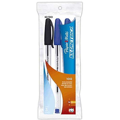 Canetas Papermate Km 100, Pacote com 3 canetas, Az/ Az/ Pt, Paper Mate, 2049434, Azul/Preta