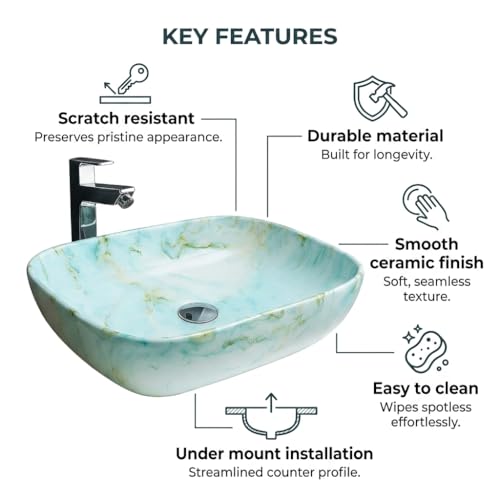 Image of Ceramic Tabletop Wash Basin - Glossy Rectangular Countertop Vessel Sink with Marble Finish for Bathroom & Vanity | Compact 18 x 13 x 5 Inch | Elegant Washbasin