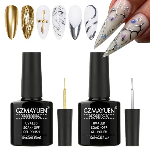 GZMAYUEN Metal Esmaltes Semipermanentes para Uñas, 3D Efecto Espejo Metálica Gel Uñas Semipermanente 2 * 10ml Oro Sliver Gel Liner Nail Polish para Salón de Manicura