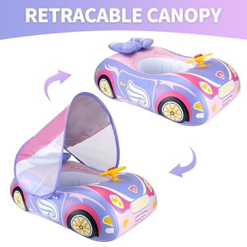 Swimbobo Toddler Pool Float Inflatable Car Baby Swim Float with Adjustable Sun Canopy and Safety Seat Pool Toys for Kids 3+ Years Old(Purple Pink Car)