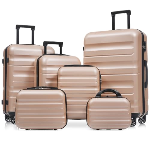 6 Piece ABS Hardshell Luggage Set, Lightweight Suitcases with Dual Spinner Wheels, Complete Carry On and Checked Bags for Family Travel & Business (Champagne)