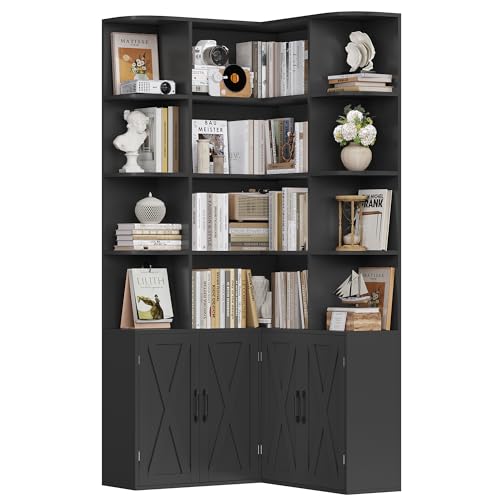 FirFurd 187cm Estantería Esquina, Libreria Estanteria con 4 Puertas 12 Compartimientos, Estantería Libros, Estante en Forma de L Mueble Almacenaje para Salón, Grande y Alta 187x80x80cm Negro