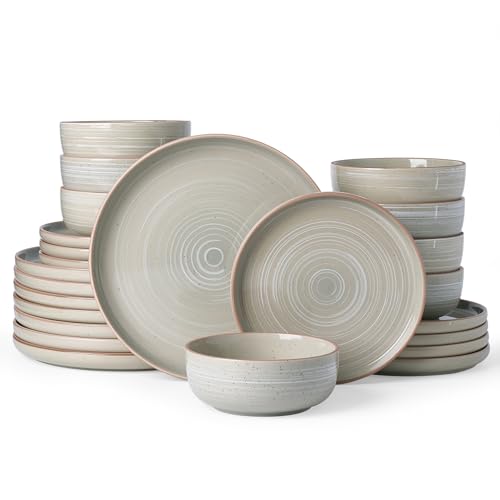 Image of Famiware Meteor Plates and Bowls Sets, 24-Piece Stoneware Dinnerware Sets, Dishes Set for 8, Microwave and Dishwasher Safe Tableware, Matcha Green