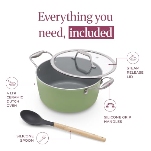 Image of Asai Ceramic Dutch Oven 24cm (4L) with Glass Lid & Silicone Spatula | Green | Procera Swiss Ceramic Non-Stick Coating | Induction, Gas & Electric Compatible | Stay-Cool Handles | Lab Tested