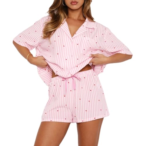 XBTCLXEBCO Women Valentines Pajama Sets Heart Print Short Sleeve Button Down Tops and Shorts 2 Piece Pjs Set Loungewear