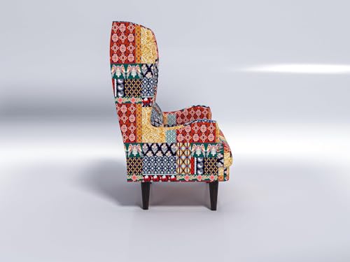 Image of Custom Decor Wooden Wing Chair Without Ottoman Stool | Wingback for Living Room | One Seater Sofa | High Density Foam | Accent Chair for Seating and Home Decor Furniture | (Marwadi, Without Ottoman)