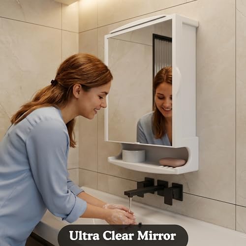 Image of GLOXY Premium ABS White Bathroom Cabinet with Mirror - 6in1 Multipurpose Washroom Cabinet Storage to Keep Toiletries Well Organised -Smart Ultra Clear Wall Mount Mirror Box for Bathroom