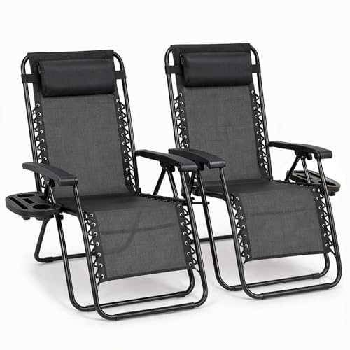 Straame Zero Gravity Chairs Set of 2 Folding Reclining Garden Chairs Textilene Outdoor Chair Lockable 170 Sun Loungers for Garden Steel Frame 150 kg Max Load (Classic Black)