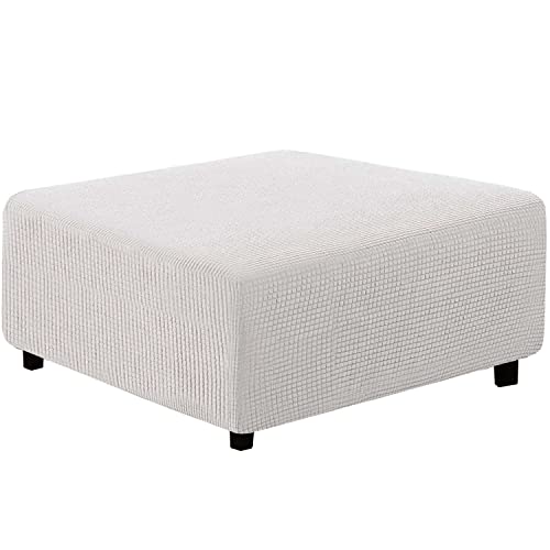 qiden Funda Puff Cuadrado, Elástica Funda Otomana Cuadrada Cubre Taburete, Funda para Reposapiés Protector de Muebles-Diente blancoM