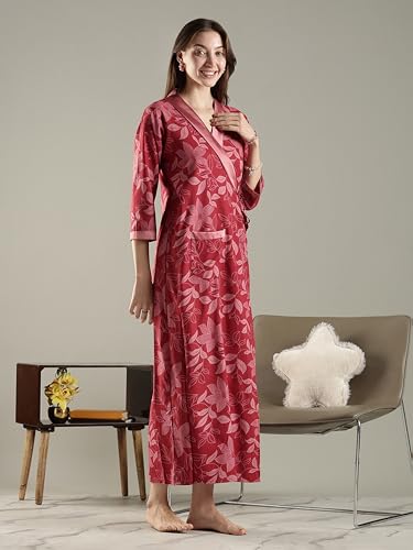 Image of 9shines Label Stylish Cotton Nighty Robe for Women | Front Open Floral Housecoat | Wrap Nighty with Pocket | Adjustable Waist Tie | Plus Size housecoat (HC-2026)