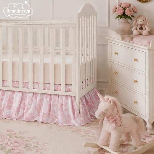 Image of Brandream Organic Cotton Crib Skirt Dust Ruffle, Baby Girl Crib Bed Skirt, 4-Sided, Luxury French Vintage Pink Rose Floral & Bow Cottagecore Toddler Bedskirt Farmhouse Chic Nursery Bedding Skirt