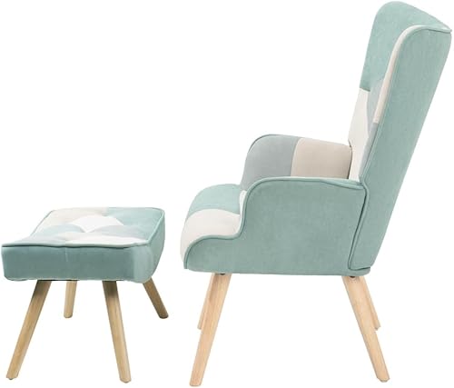 Miniatura 5 de Silla decorativa con otomana, moderna silla tapizada de lino con reposapiés y marco de madera maciza