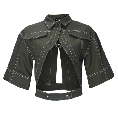 LEOROO Casual Cropped Jacket Women Fall Fashion Short Sleeve Lace-up