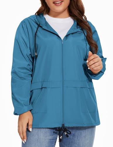Women Plus Size Raincoat Lightweight Waterproof Windbreaker Packable Outdoor Hooded Rain Jacket2