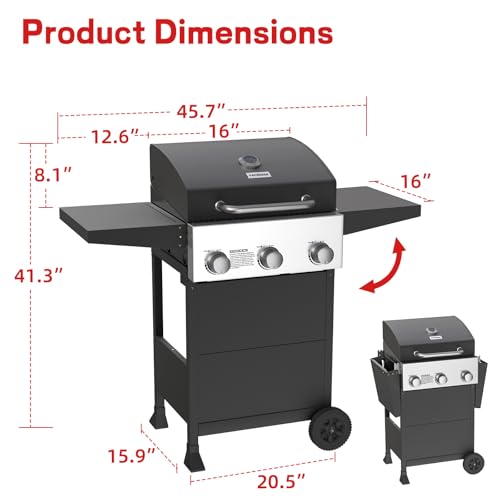 Image of Veralune 3 Burner Gas Grill, Outdoor Propane Grill with Wheels, 445 SQ. IN | Garden Barbecue Grill, 36000 BTU, Folding Side Tables, Cast Iron Cooking Grates for, Outdoor Cooking