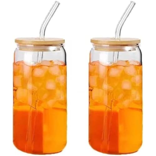 Image of Drinking Glasses with Bamboo Lid and Glass Straw Pack of 1, 500ml Glass Tumbler for Mojito Soda Smoothies Whiskey Iced Coffee Cocktail Tea Juice