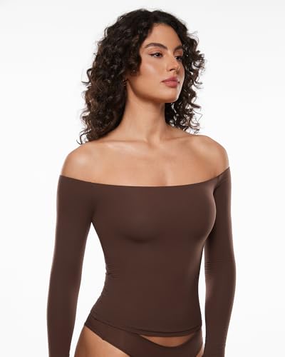 INLYRIC Women's Inbarely Soft Off The Shoulder Double Lined Long Sleeve Tops Going Out Slim Fitted Sexy Trendy T-Shirts3