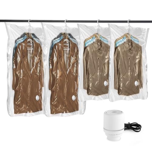 Flintronic Sac Sous Vide Vetement Aspirateur avec Pompe électrique, Lot de 4 Sacs de Rangement Suspendu pour Vêtements Sous Vide,Rangements Vêtements pour...