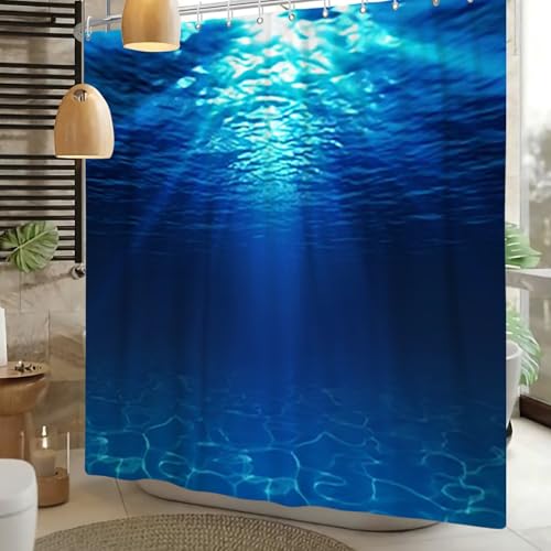 Xiaoterna Ocean Shower Curtain Water Shower Curtain Summer Holidays in Beach Pool Sea Shower Curtain Deep Sea Blue Ocean Scenery Shower Curtain Machine Washable Waterproof Fabric 240x180cm - Image 2