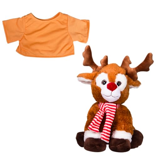 Plush Gear Randall The Reindeer with Orange T-Shirt Fits 14-18 inch Stuffed Toys – Soft Plush Reindeer Toy for Kids, Collectors, Holiday Decor, Birthday Gifts, Nursery and Playroom Decorations