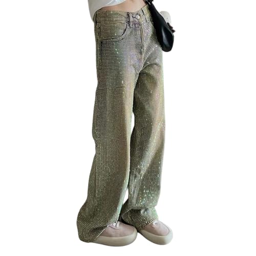Rhinestone Jeans Men Y2k Shiny All Over Rhinestone Jeans Men Star Studded Wide Leg Denim Pants