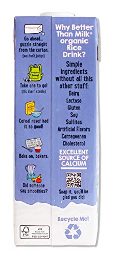 Better Than Milk Organic Rice Milk Unsweetened + Calcium - Dairy-Free Vegan Friendly, Non GMO Certified, 33.8 Fl Oz (Pack of 6)