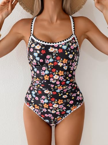 Image of Eomenie Women's One Piece Swimsuit Tummy Control Slimming Bathing Suit Ruched Swimwear Tie Back Shell Stitch Swim Suit