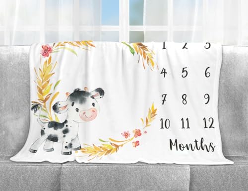 Image of Yuzioey Cow Milestone Blanket, Farm Animals Baby Growth Chart Monthly Blanket, Watch Me Grow Cow Baby Nursery for New Moms Shower(50 inchx40 inch)